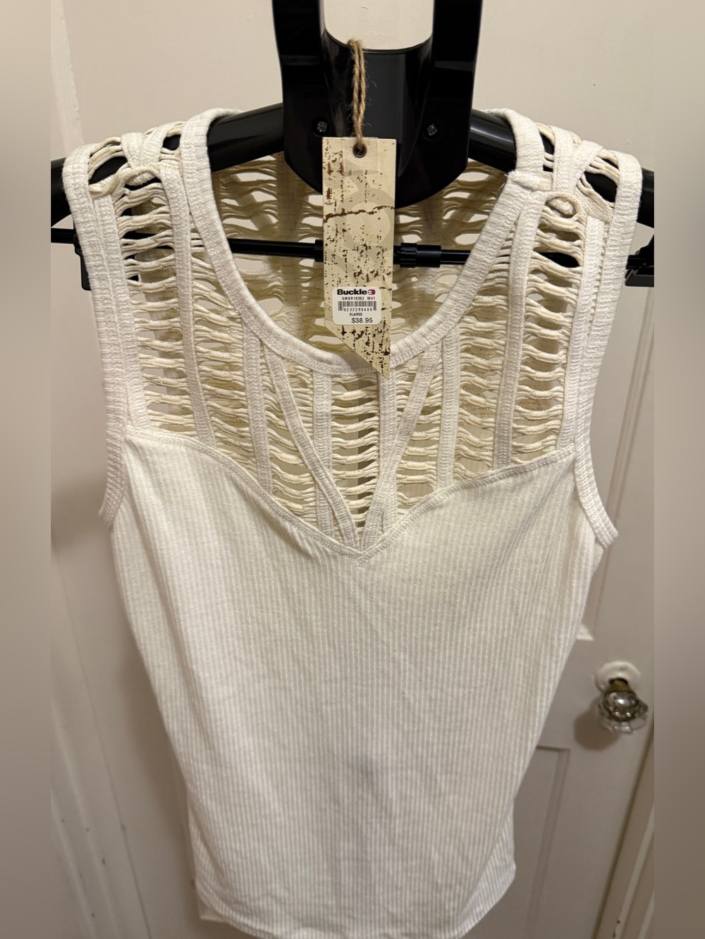 Gimmicks White Crochet-Back Ribbed Tank Top with gold threading